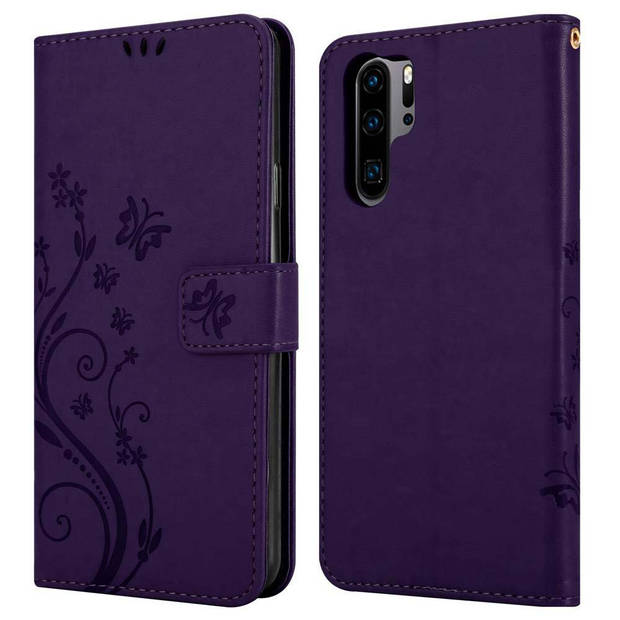 Cadorabo Hoesje geschikt voor Huawei P30 PRO in BLOEMEN DONKER PAARS - Beschermhoes Case Cover Bloemen magnetische