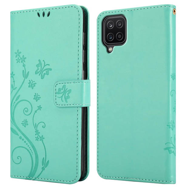 Cadorabo Hoesje geschikt voor Samsung Galaxy A12 / M12 in BLOEMEN TURKOOIS - Beschermhoes Case Cover Bloemen magnetische