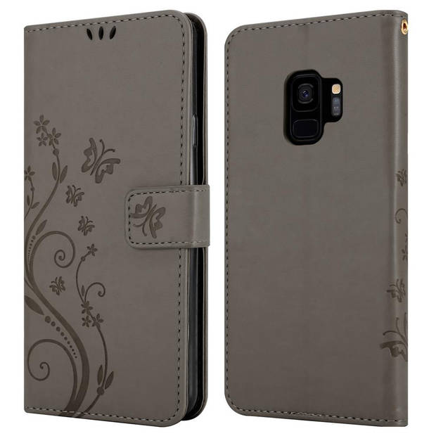 Cadorabo Hoesje geschikt voor Samsung Galaxy S9 in BLOEMEN GRIJS - Beschermhoes Case Cover Bloemen magnetische sluiting