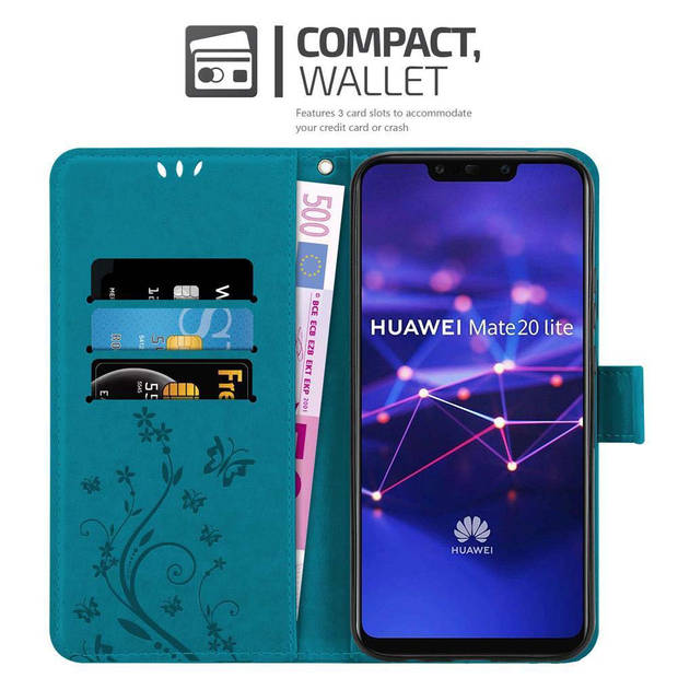 Cadorabo Hoesje geschikt voor Huawei MATE 20 LITE in BLOEMEN BLAUW - Beschermhoes Case Cover Bloemen magnetische