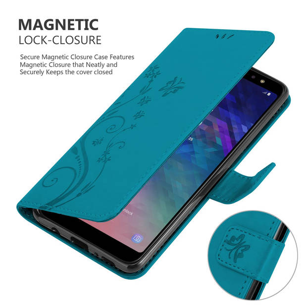 Cadorabo Hoesje geschikt voor Samsung Galaxy A6 PLUS 2018 in BLOEMEN BLAUW - Beschermhoes Case Cover Bloemen magnetische