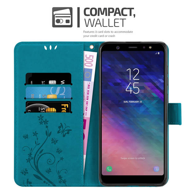 Cadorabo Hoesje geschikt voor Samsung Galaxy A6 PLUS 2018 in BLOEMEN BLAUW - Beschermhoes Case Cover Bloemen magnetische