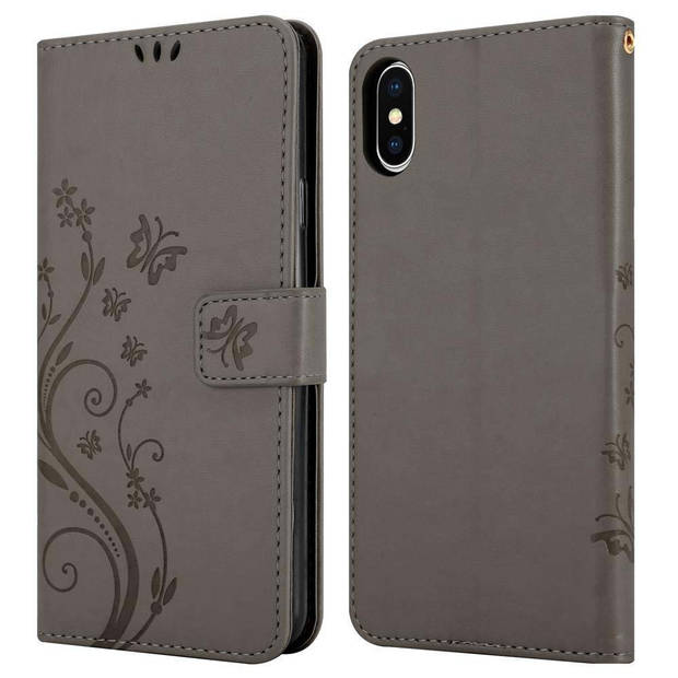 Cadorabo Hoesje geschikt voor Apple iPhone XS MAX in BLOEMEN GRIJS - Beschermhoes Case Cover Bloemen magnetische