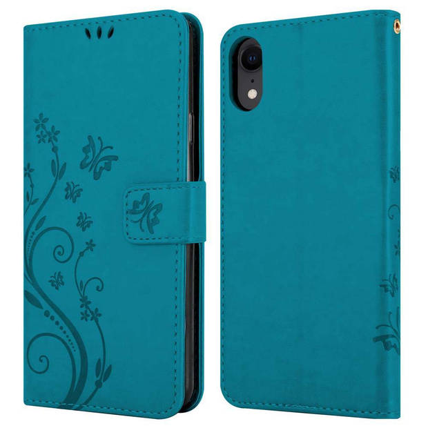 Cadorabo Hoesje geschikt voor Apple iPhone XR in BLOEMEN BLAUW - Beschermhoes Case Cover Bloemen magnetische sluiting