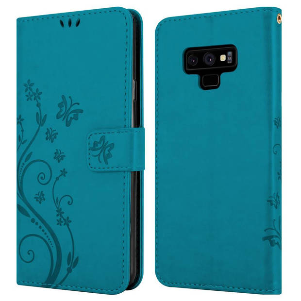 Cadorabo Hoesje geschikt voor Samsung Galaxy NOTE 9 in BLOEMEN BLAUW - Beschermhoes Case Cover Bloemen magnetische