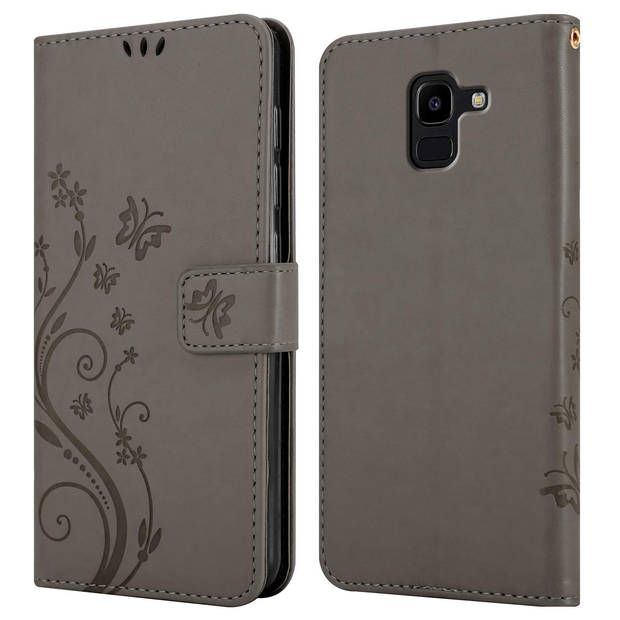 Cadorabo Hoesje geschikt voor Samsung Galaxy J6 2018 in BLOEMEN GRIJS - Beschermhoes Case Cover Bloemen magnetische