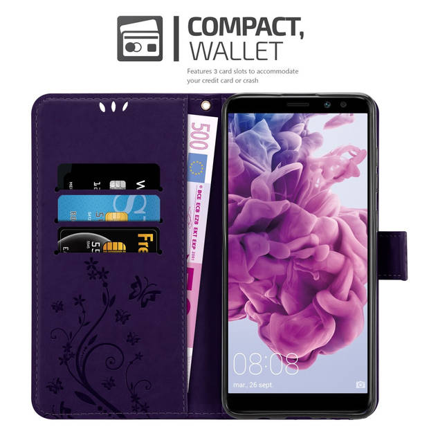 Cadorabo Hoesje geschikt voor Huawei MATE 10 LITE in BLOEMEN DONKER PAARS - Beschermhoes Case Cover Bloemen magnetische