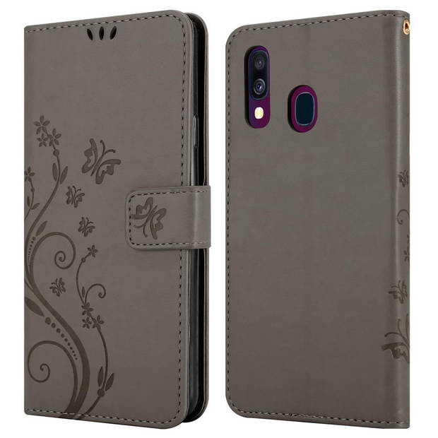 Cadorabo Hoesje geschikt voor Samsung Galaxy A40 in BLOEMEN GRIJS - Beschermhoes Case Cover Bloemen magnetische sluiting