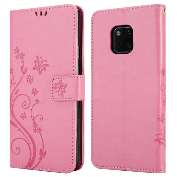 Cadorabo Hoesje geschikt voor Huawei MATE 20 PRO in BLOEMEN ROZE - Beschermhoes Case Cover Bloemen magnetische sluiting