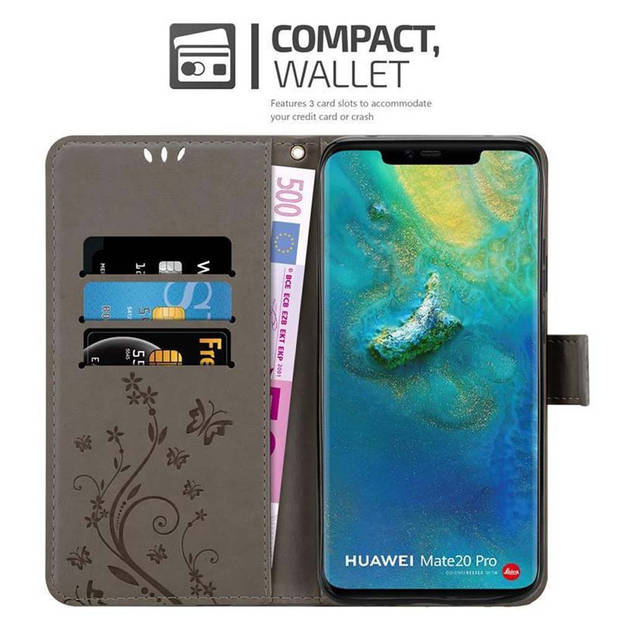 Cadorabo Hoesje geschikt voor Huawei MATE 20 PRO in BLOEMEN GRIJS - Beschermhoes Case Cover Bloemen magnetische sluiting