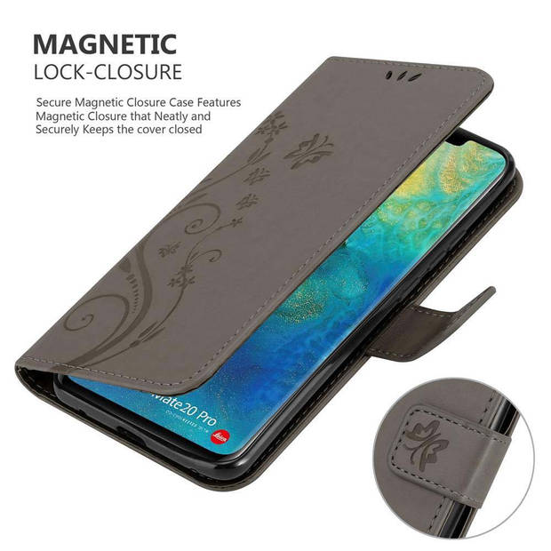 Cadorabo Hoesje geschikt voor Huawei MATE 20 PRO in BLOEMEN GRIJS - Beschermhoes Case Cover Bloemen magnetische sluiting