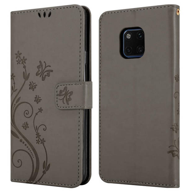 Cadorabo Hoesje geschikt voor Huawei MATE 20 PRO in BLOEMEN GRIJS - Beschermhoes Case Cover Bloemen magnetische sluiting