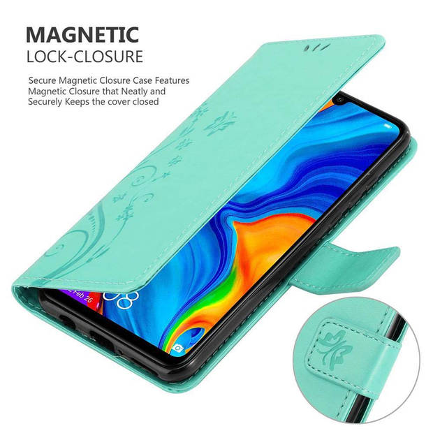 Cadorabo Hoesje geschikt voor Huawei P30 LITE in BLOEMEN TURKOOIS - Beschermhoes Case Cover Bloemen magnetische sluiting