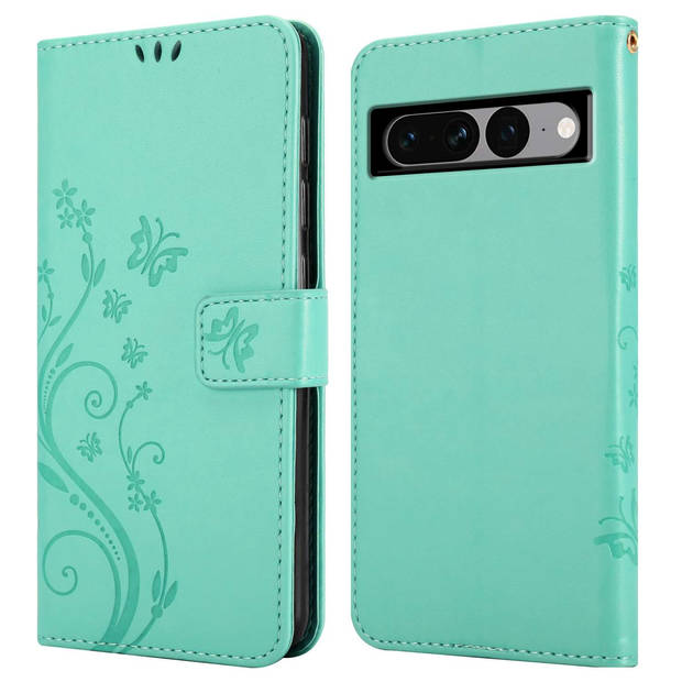 Cadorabo Hoesje geschikt voor Google PIXEL 7 PRO in BLOEMEN TURKOOIS - Beschermhoes Case Cover Bloemen magnetische