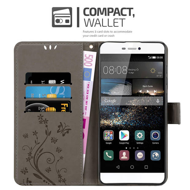 Cadorabo Hoesje geschikt voor Huawei P8 in BLOEMEN GRIJS - Beschermhoes Case Cover Bloemen magnetische sluiting