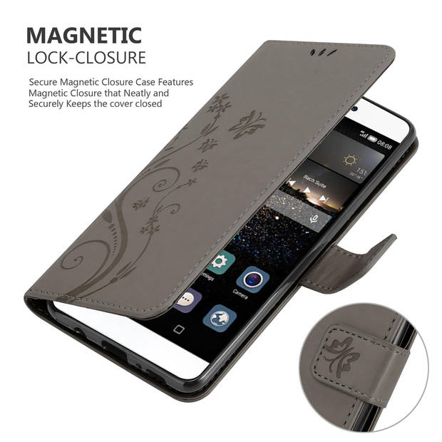 Cadorabo Hoesje geschikt voor Huawei P8 in BLOEMEN GRIJS - Beschermhoes Case Cover Bloemen magnetische sluiting