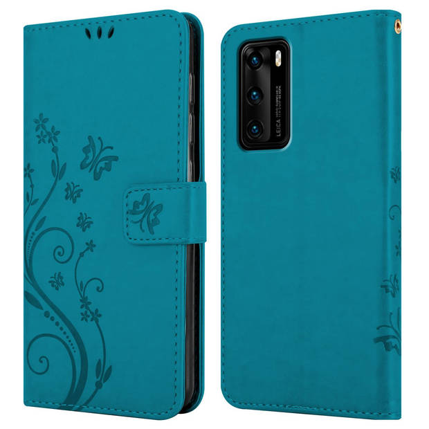 Cadorabo Hoesje geschikt voor Huawei P40 in BLOEMEN BLAUW - Beschermhoes Case Cover Bloemen magnetische sluiting