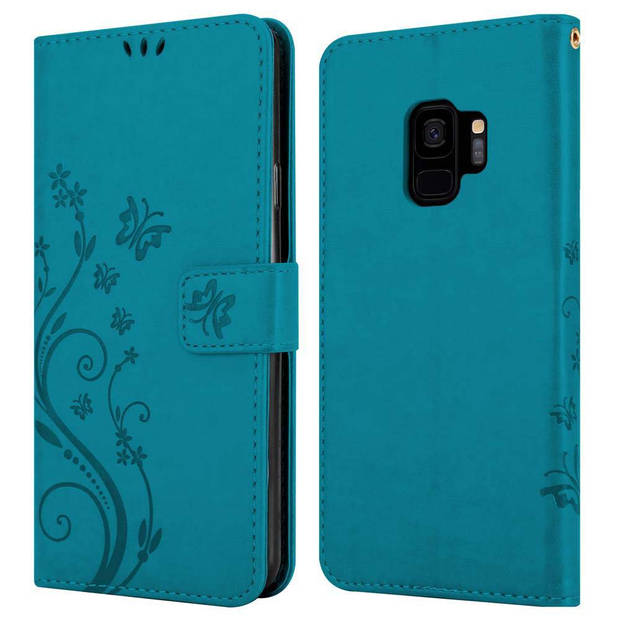 Cadorabo Hoesje geschikt voor Samsung Galaxy S9 in BLOEMEN BLAUW - Beschermhoes Case Cover Bloemen magnetische sluiting