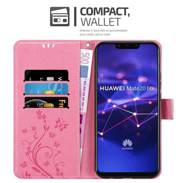 Cadorabo Hoesje geschikt voor Huawei MATE 20 LITE in BLOEMEN ROZE - Beschermhoes Case Cover Bloemen magnetische sluiting