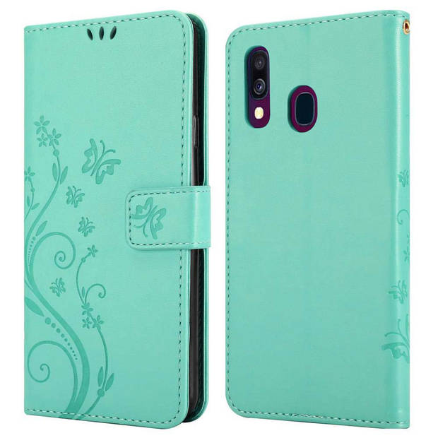 Cadorabo Hoesje geschikt voor Samsung Galaxy A40 in BLOEMEN TURKOOIS - Beschermhoes Case Cover Bloemen magnetische