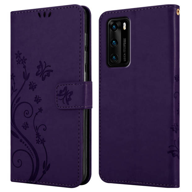 Cadorabo Hoesje geschikt voor Huawei P40 in BLOEMEN DONKER PAARS - Beschermhoes Case Cover Bloemen magnetische sluiting