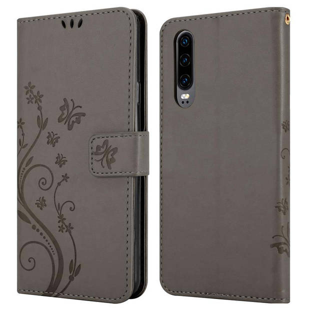 Cadorabo Hoesje geschikt voor Huawei P30 in BLOEMEN GRIJS - Beschermhoes Case Cover Bloemen magnetische sluiting