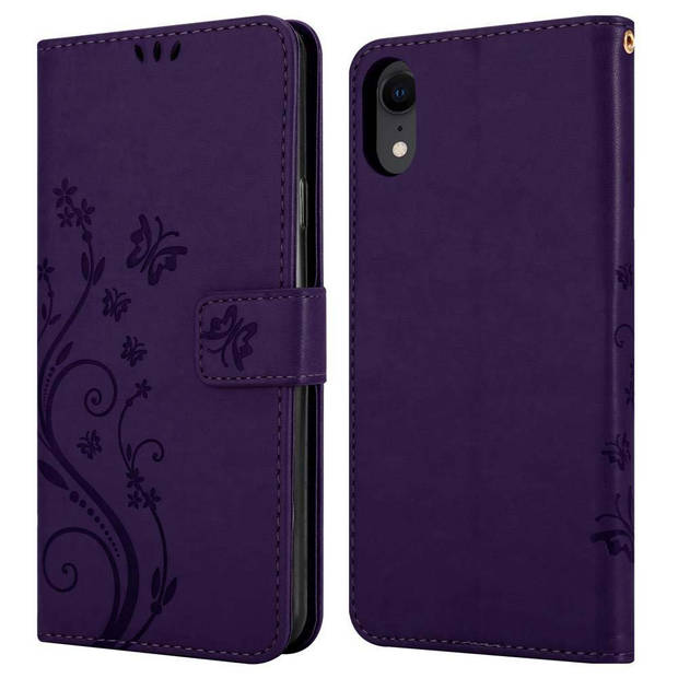 Cadorabo Hoesje geschikt voor Apple iPhone XR in BLOEMEN DONKER PAARS - Beschermhoes Case Cover Bloemen magnetische