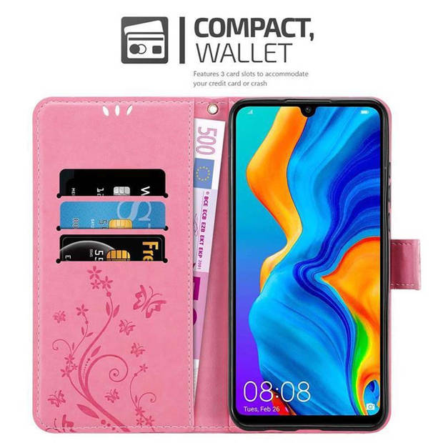 Cadorabo Hoesje geschikt voor Huawei P30 LITE in BLOEMEN ROZE - Beschermhoes Case Cover Bloemen magnetische sluiting