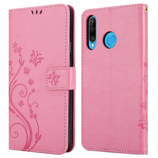 Cadorabo Hoesje geschikt voor Huawei P30 LITE in BLOEMEN ROZE - Beschermhoes Case Cover Bloemen magnetische sluiting