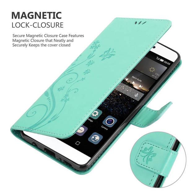 Cadorabo Hoesje geschikt voor Huawei P8 in BLOEMEN TURKOOIS - Beschermhoes Case Cover Bloemen magnetische sluiting