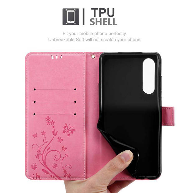 Cadorabo Hoesje geschikt voor Huawei P30 in BLOEMEN ROZE - Beschermhoes Case Cover Bloemen magnetische sluiting