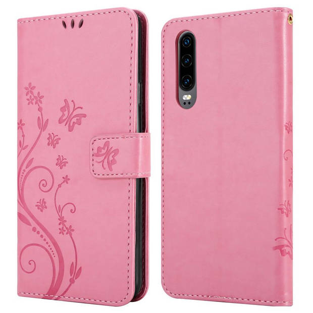 Cadorabo Hoesje geschikt voor Huawei P30 in BLOEMEN ROZE - Beschermhoes Case Cover Bloemen magnetische sluiting