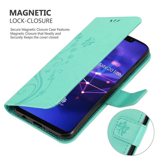 Cadorabo Hoesje geschikt voor Huawei MATE 20 LITE in BLOEMEN TURKOOIS - Beschermhoes Case Cover Bloemen magnetische