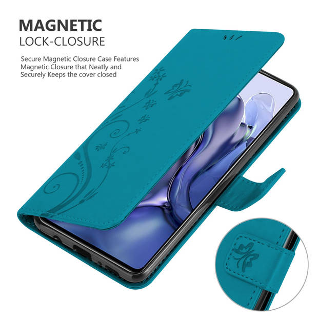 Cadorabo Hoesje geschikt voor Xiaomi 11T / 11T PRO in BLOEMEN BLAUW - Beschermhoes Case Cover Bloemen magnetische