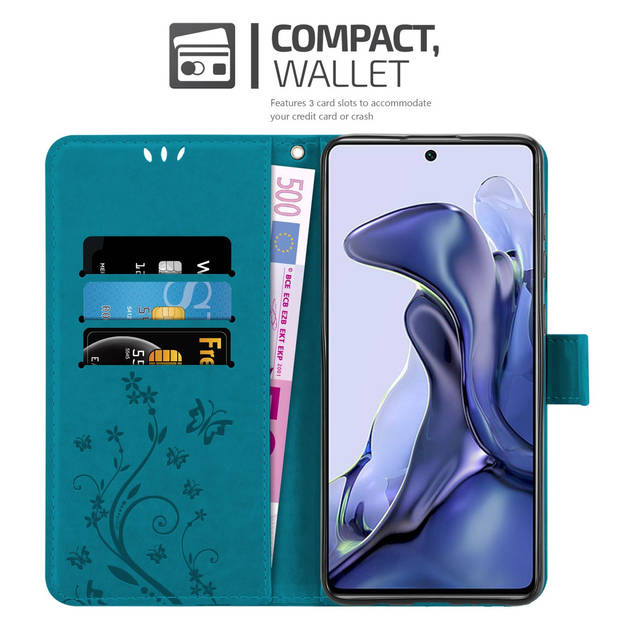 Cadorabo Hoesje geschikt voor Xiaomi 11T / 11T PRO in BLOEMEN BLAUW - Beschermhoes Case Cover Bloemen magnetische