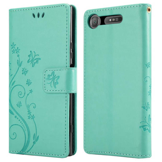 Cadorabo Hoesje geschikt voor Sony Xperia XZ1 in BLOEMEN TURKOOIS - Beschermhoes Case Cover Bloemen magnetische sluiting