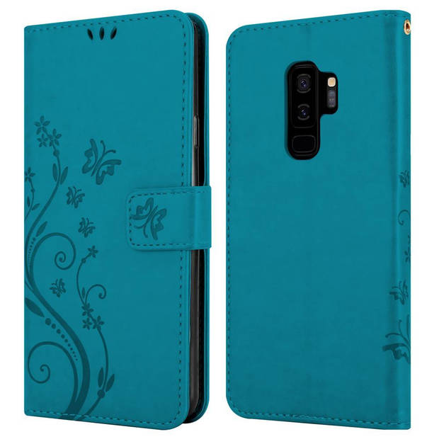 Cadorabo Hoesje geschikt voor Samsung Galaxy S9 PLUS in BLOEMEN BLAUW - Beschermhoes Case Cover Bloemen magnetische