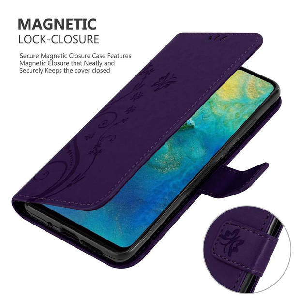 Cadorabo Hoesje geschikt voor Huawei MATE 20 in BLOEMEN DONKER PAARS - Beschermhoes Case Cover Bloemen magnetische