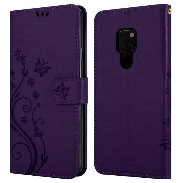 Cadorabo Hoesje geschikt voor Huawei MATE 20 in BLOEMEN DONKER PAARS - Beschermhoes Case Cover Bloemen magnetische