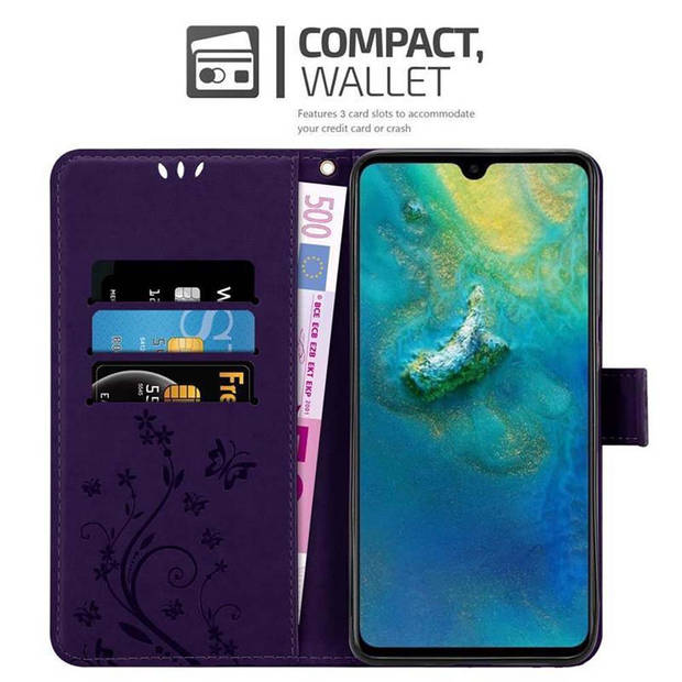 Cadorabo Hoesje geschikt voor Huawei MATE 20 in BLOEMEN DONKER PAARS - Beschermhoes Case Cover Bloemen magnetische