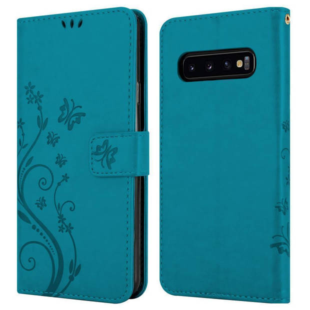 Cadorabo Hoesje geschikt voor Samsung Galaxy S10 4G in BLOEMEN BLAUW - Beschermhoes Case Cover Bloemen magnetische