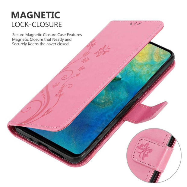 Cadorabo Hoesje geschikt voor Huawei MATE 20 in BLOEMEN ROZE - Beschermhoes Case Cover Bloemen magnetische sluiting