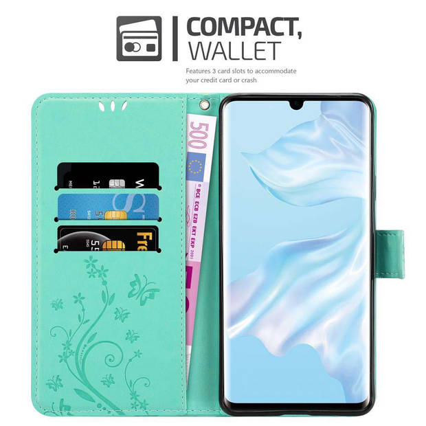 Cadorabo Hoesje geschikt voor Huawei P30 PRO in BLOEMEN TURKOOIS - Beschermhoes Case Cover Bloemen magnetische sluiting