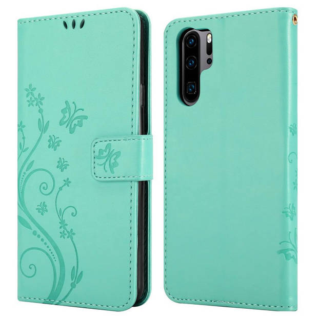 Cadorabo Hoesje geschikt voor Huawei P30 PRO in BLOEMEN TURKOOIS - Beschermhoes Case Cover Bloemen magnetische sluiting