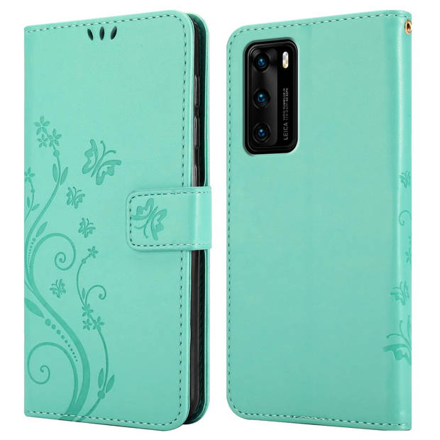 Cadorabo Hoesje geschikt voor Huawei P40 in BLOEMEN TURKOOIS - Beschermhoes Case Cover Bloemen magnetische sluiting