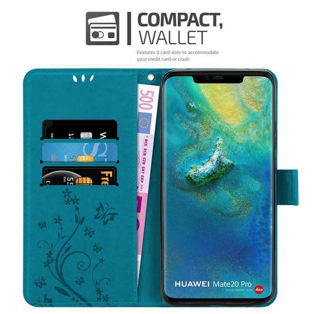 Cadorabo Hoesje geschikt voor Huawei MATE 20 PRO in BLOEMEN BLAUW - Beschermhoes Case Cover Bloemen magnetische sluiting