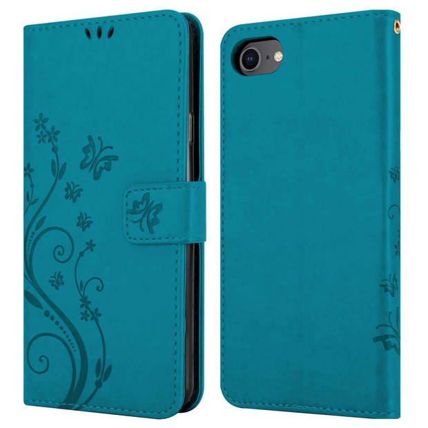 Cadorabo Hoesje geschikt voor Apple iPhone 7 / 7S / 8 / SE 2020 in BLOEMEN BLAUW - Beschermhoes Case Cover Bloemen