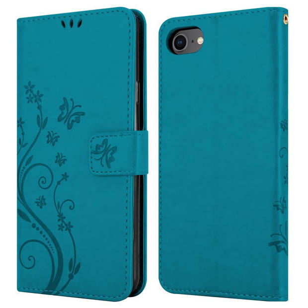 Cadorabo Hoesje geschikt voor Apple iPhone 7 / 7S / 8 / SE 2020 in BLOEMEN BLAUW - Beschermhoes Case Cover Bloemen