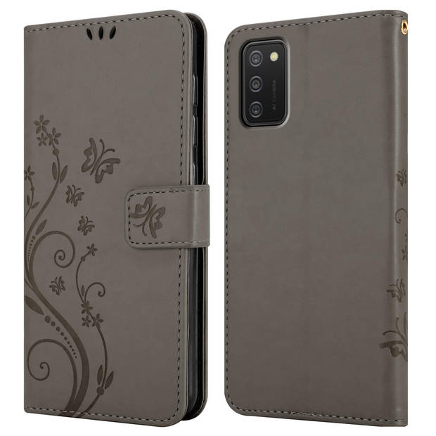 Cadorabo Hoesje geschikt voor Samsung Galaxy A02s in BLOEMEN GRIJS - Beschermhoes Case Cover Bloemen magnetische