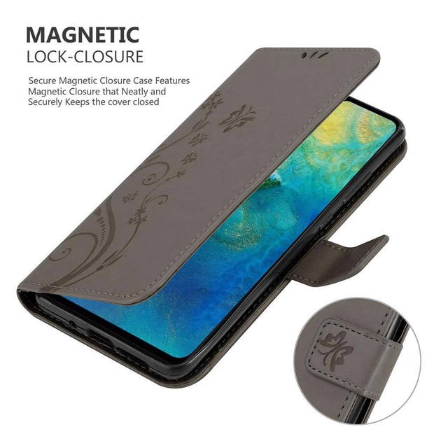 Cadorabo Hoesje geschikt voor Huawei MATE 20 in BLOEMEN GRIJS - Beschermhoes Case Cover Bloemen magnetische sluiting